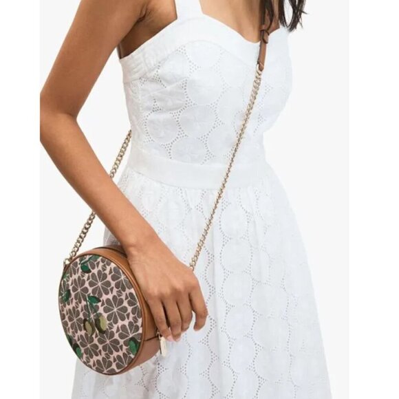 Kate Spade Canteen Jacquard Cherry Brown Crossbody Round Small Leather Floral - Picture 11 of 11